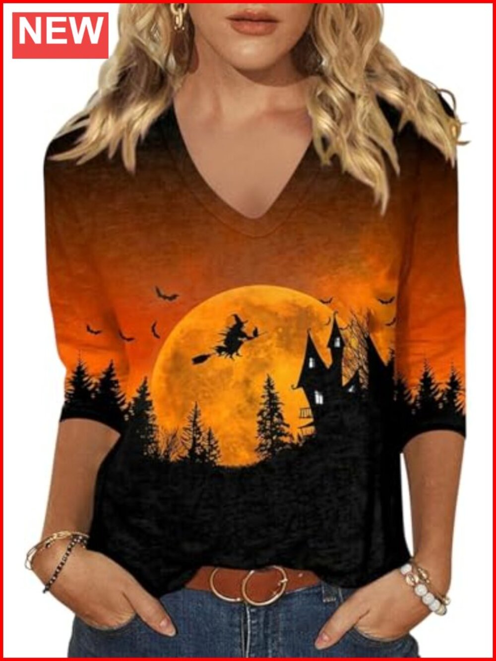 Womens 3/4 Sleeve V Neck Plaid Pumpkin Halloween Thanksgiving Graphic Tee